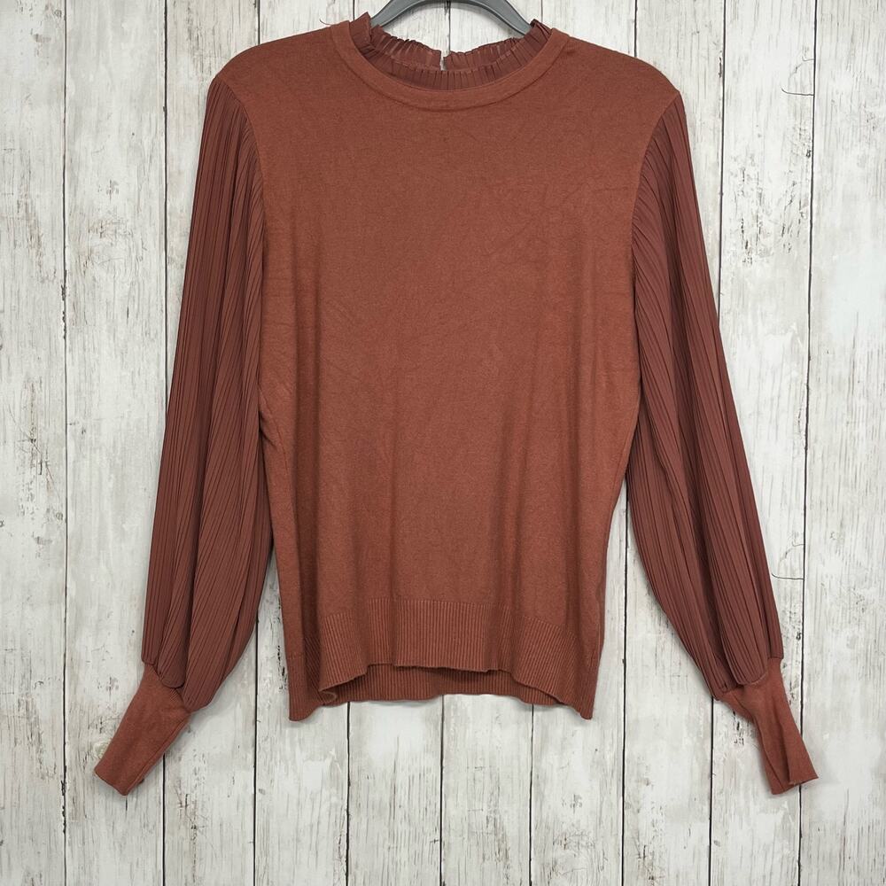Sioni Sheer Puff Sleeve Mock Neck Pleated Ruffle Blouse Shirt Size Large